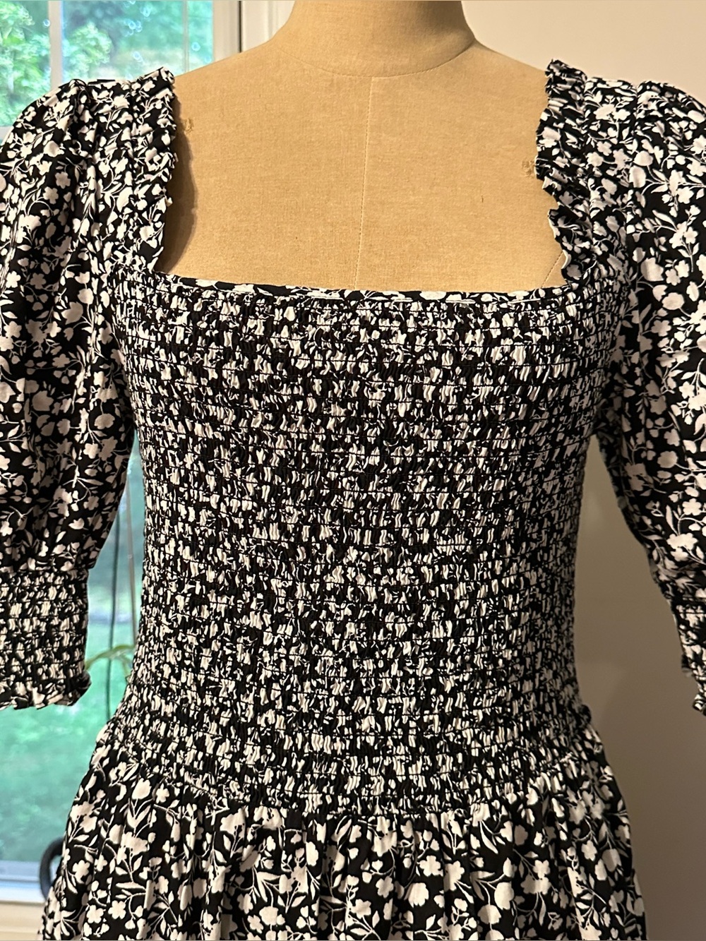 1. State Black & White Floral Smocked Midi Dress with Puff Sleeves - Picture 2 of 6